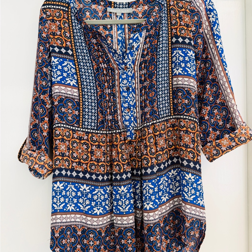 Boho Floral Patchwork Tunic Top - Blue & Orange